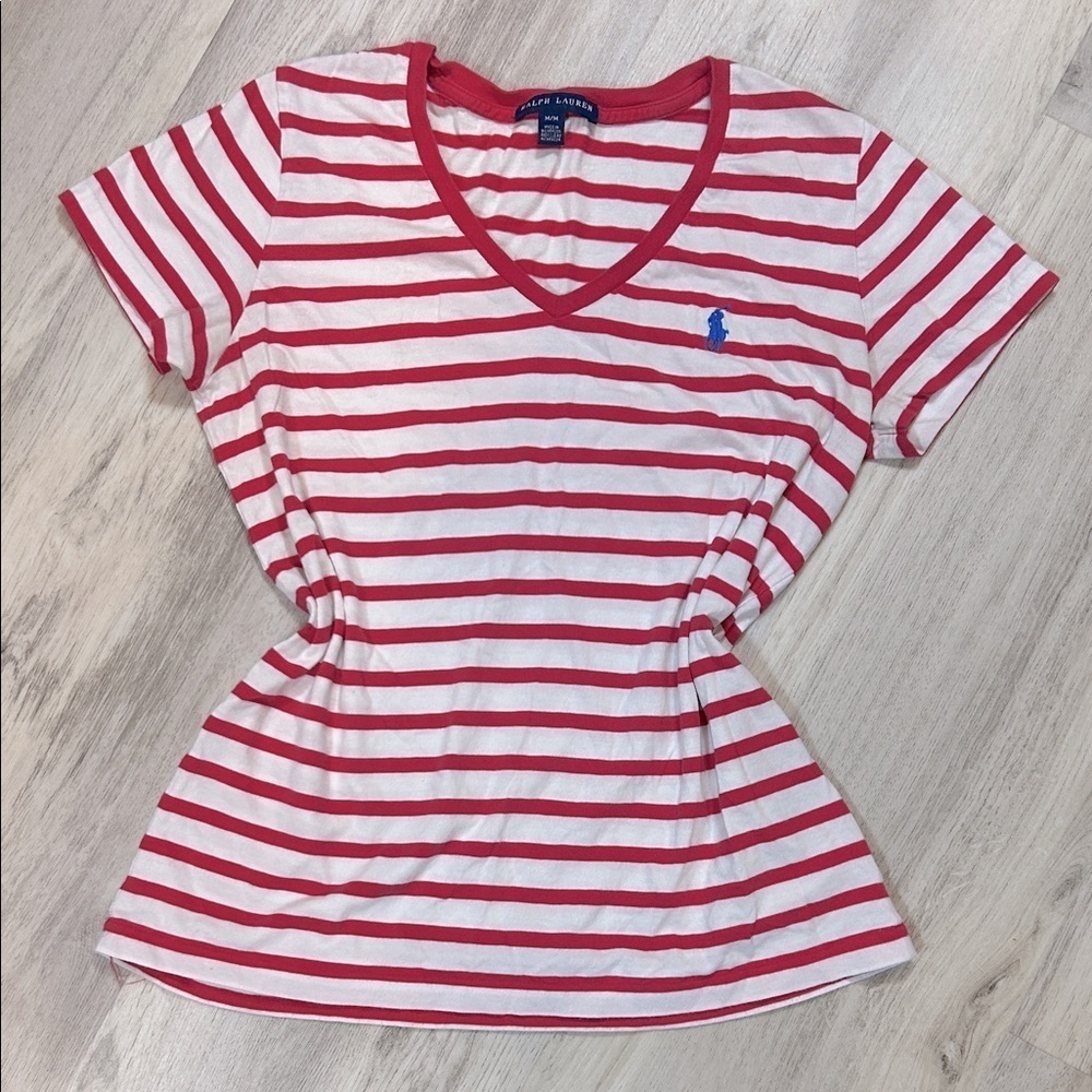 Ralph Lauren Pink & White Striped Embroidered Logo V-Neck 100% Cotton Tee
